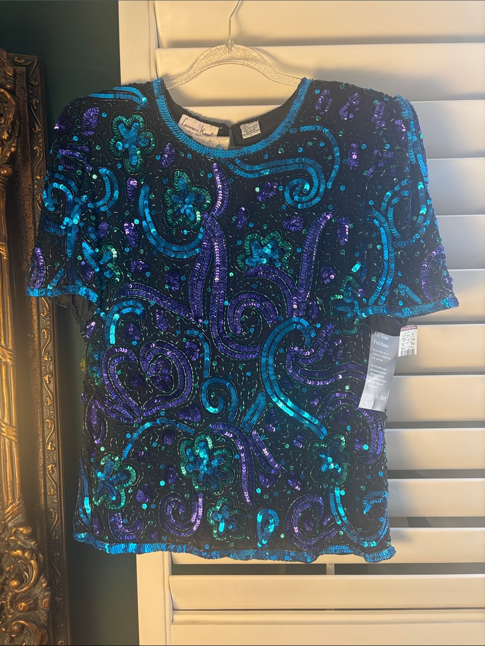 NWT Laurence Kazar Vintage Silk Sequin Beaded Top Size Large Turquoise, Purple